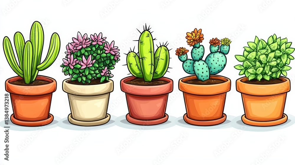 Obraz premium Colorful Collection of Potted Cacti and Succulents with Vibrant Flowers in Decorative Pots