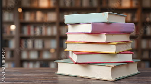 Wooden table with book pile and shelves

