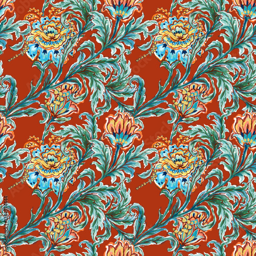 Damask jacobean seamless pattern flowers watercolor  vintage tapestry motifs style