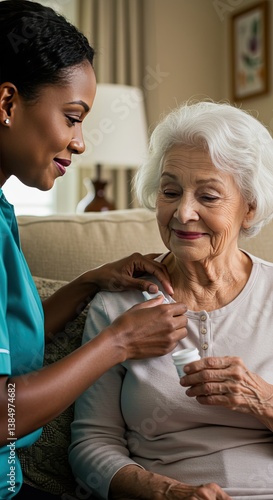 Wallpaper Mural Caring nurse assisting elderly woman with medication at home for health and support Torontodigital.ca
