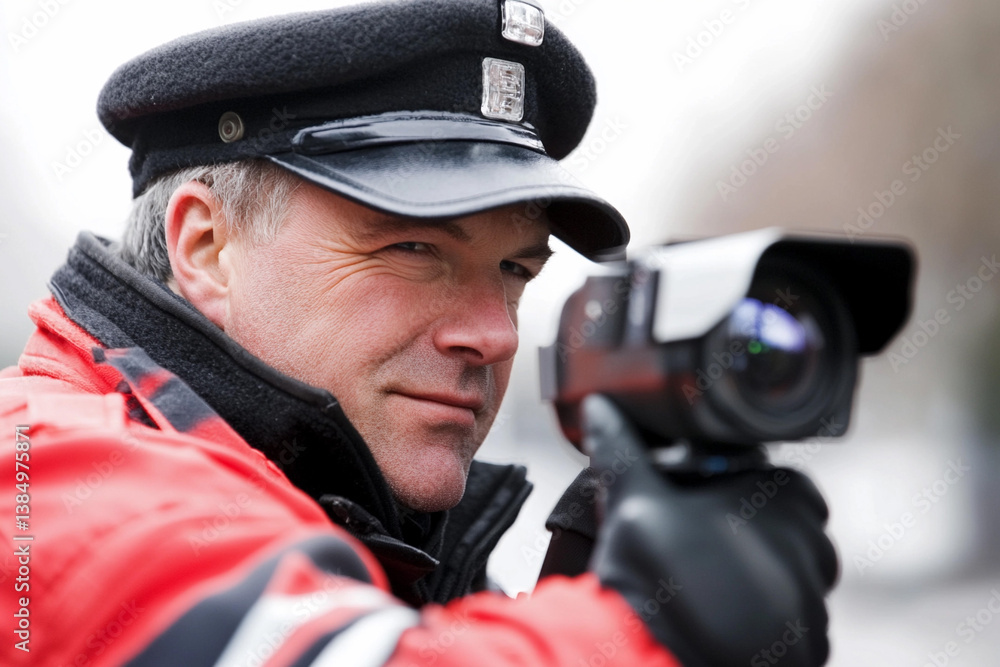 Security guard oversees surveillance system while monitoring activity in an urban setting during daylight hours