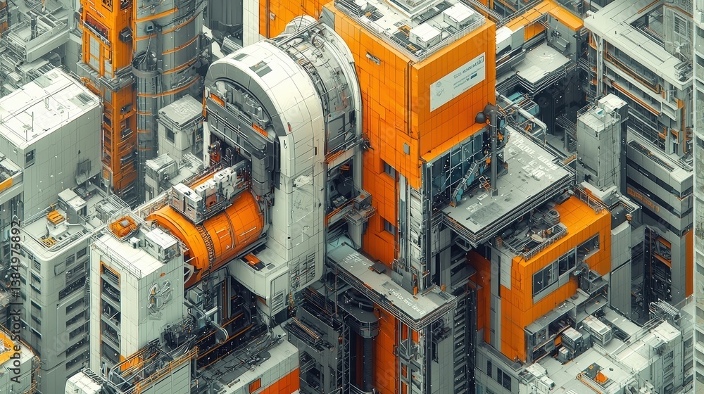 Futuristic Industrial Architecture with Orange Accents and Complex Mechanical Structures Futuristic Industrial Architecture with Orange Accents and Complex Mechanical Structures