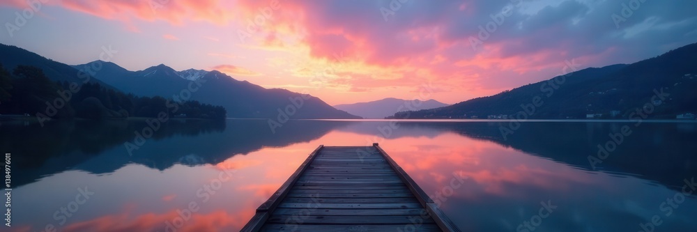 Obraz premium Calm lake at dusk, small wooden pier extending into the water, mirrored sky , blue hour, light