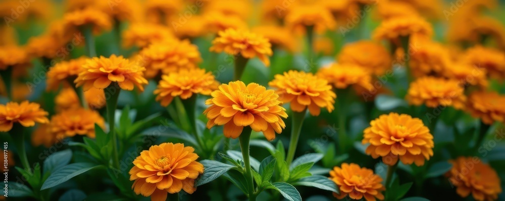 Dense cluster of orange marigolds, lush foliage , flowers, photography Dense cluster of orange marigolds, lush foliage , flowers, photography