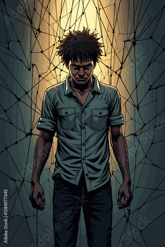 Trapped in Deceit: Vector Illustration of Anxious Man Caught in a Web of Lies, Depression, and Betrayal, Mental Health Concept for Print and Digital Use.