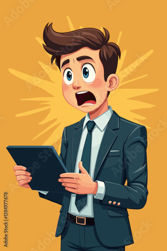 Startled Businessman Sees Bad News on Tablet. Cartoon Man in Shock Reading Terrible Report. Crisis Aversion, Corporate Stress, Financial Disaster, Business Failure - Vector Illustration