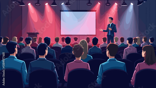 Captivating Conference Presentation: Elegant Speaker Engages Audience in Auditorium, Illuminated by Stage Lighting, Perfect for Business Events, Seminars, and Corporate Meetings. Vector Illustration