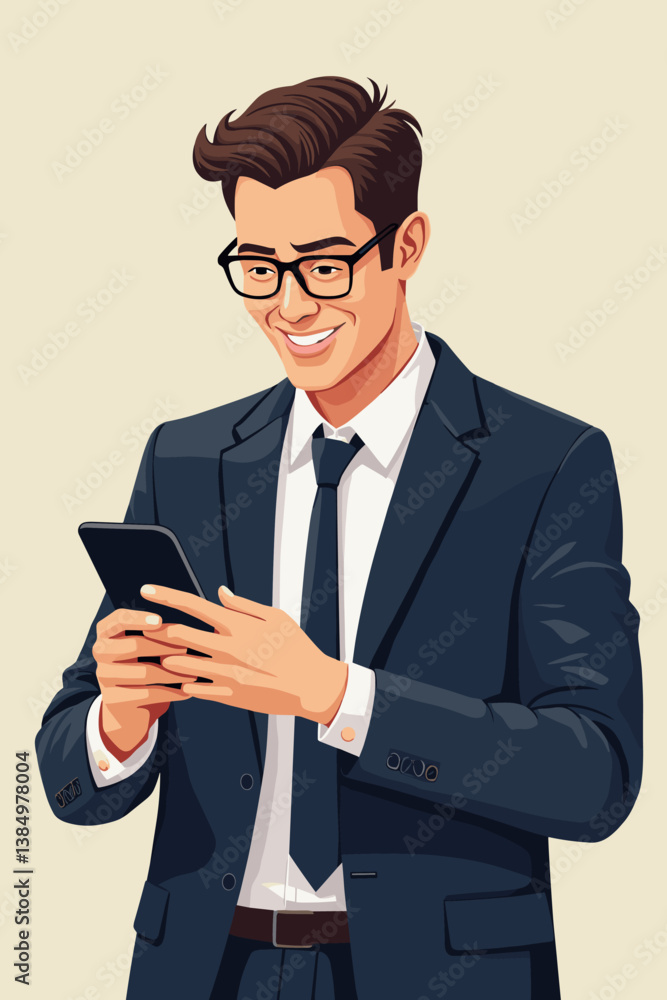 Happy Businessman Using Mobile App for Online Payment, Confident Man Wearing Glasses and Suit Making Secure Transaction on Smartphone, Financial Technology