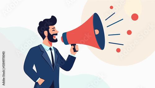 Assertive Businessman Shouting into Red Megaphone, Announcing Marketing Campaign. Vector Illustration for Promotion, Announcement, Alert, Communication and Business Solutions.