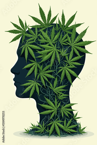 Marijuana Mind: Vivid Vector Silhouette of Human Head Filled with Bright Green Cannabis Leaves, Symbolizing Psychoactive Effects, Medical Benefits, Relaxation & Therapeutic Use