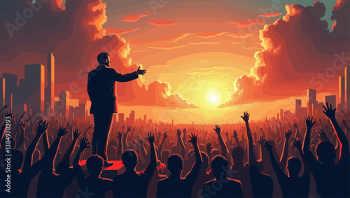 Inspiring Political Rally: Silhouette of Leader Addressing Crowd with Hands Raised at Sunset, Vector Graphic for Political Campaign, Event Design & Social Commentary Art