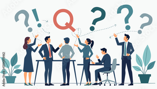 Engaging Team Brainstorming Solutions: Business Professionals Collaborating, Asking Key Questions, Finding Answers for Project Development Success, Vector Illustration