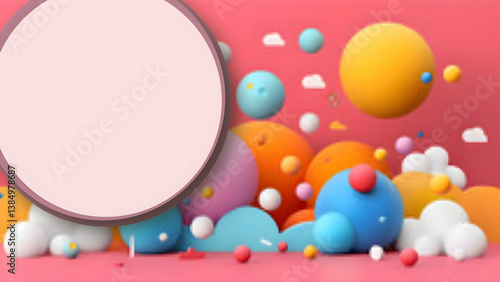 Colorful abstract shapes and spheres against a pink background create a lively atmosphere.