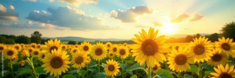 Fototapeta premium Golden sunflowers in vibrant field, summer sun shining, beautiful, summer, field