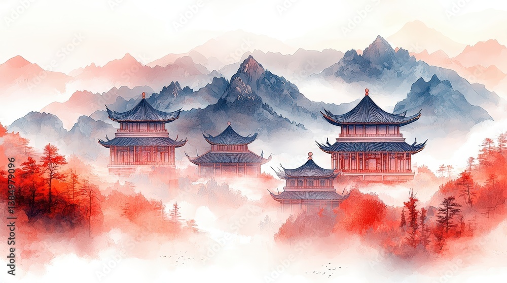 Fototapeta premium Serene Mountain Landscape with Traditional Pagodas and Mist Over Scenic Red and Gray Forest