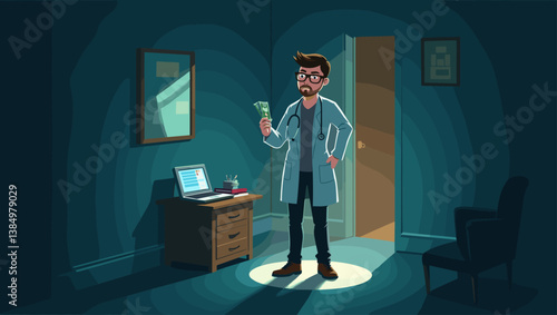 Cartoon Doctor in Shadowy Room Accepting Money: Bribery & Ethical Dilemma, Medical Crime Concept. Integrity in Healthcare, Corruption in Medicine Vector Illustration