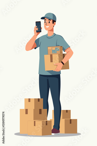 Smiling Courier Talks on Phone Holding Packages, Delivering Boxes to Customer's Home. Efficient Shipping, Delivery Service, E-Commerce, Cargo Shipment & Online Ordering Concept.
