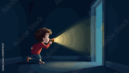 Cartoon Boy's Night Adventure: Discovering a Bright Doorway with a Flashlight in the Dark Room - Vector Illustration for Children's Storybooks and Fantasy Projects