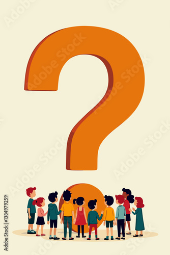 Group of Diverse Children Contemplating a Giant Question Mark, Symbolizing Curiosity, Education, and the Pursuit of Knowledge. Learning Together Vector Graphic.