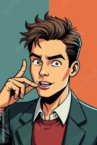 Retro Comic Book Style Man Telling a Secret, Vector Illustration for Social Media, Storytelling, or Marketing with Surprised Expression and Whispering Gesture, 1950s Vibe