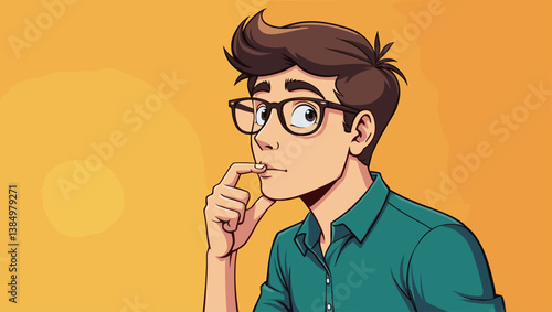 Cartoon Young Man Thinking, Questioning, or Planning Vector Illustration - Character with Glasses Whispering a Secret, Solving Problem, Curious, Creative Mind