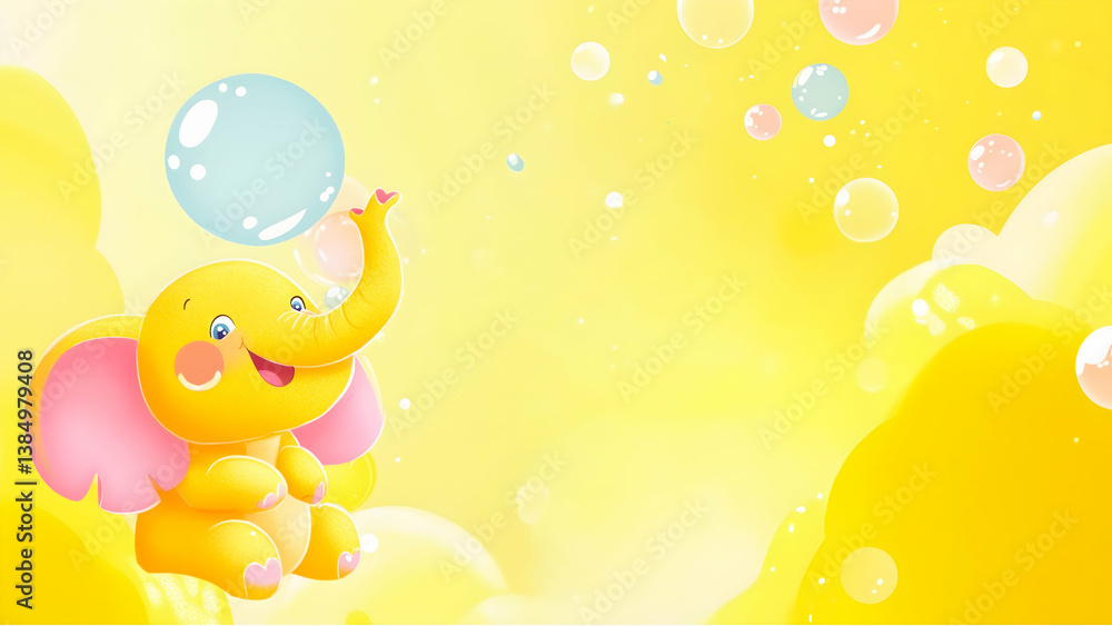 A cheerful cartoon elephant blowing bubbles against a bright yellow background.