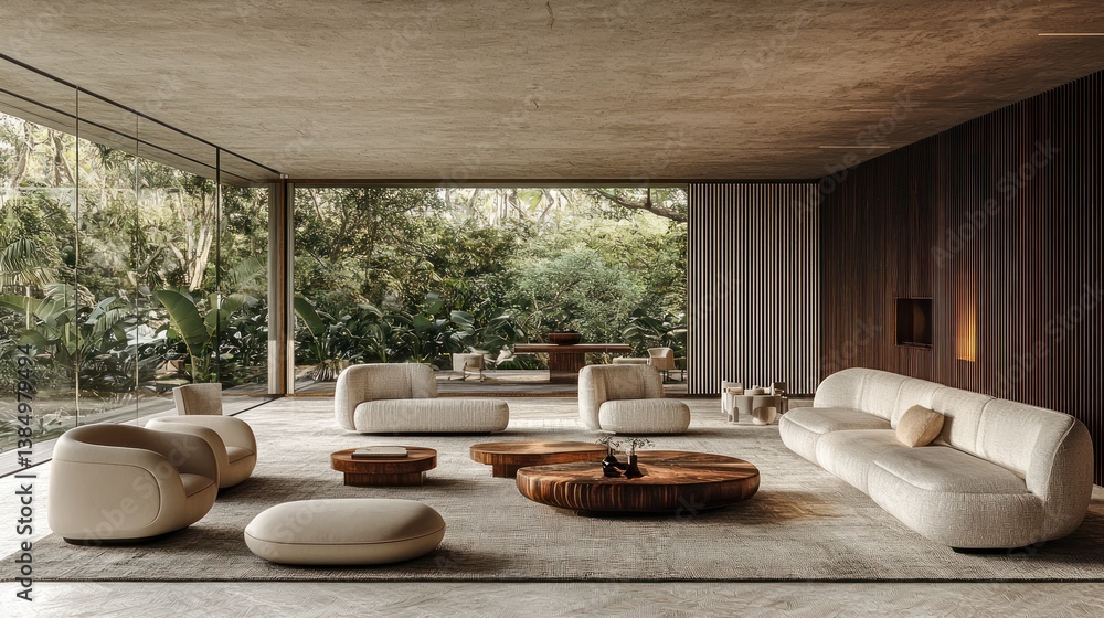 Fototapeta premium Modern living room with forest view, minimalist design and wooden accents