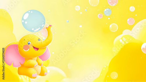 Obraz na płótnie A cheerful cartoon elephant blowing bubbles against a bright yellow background. w salonie