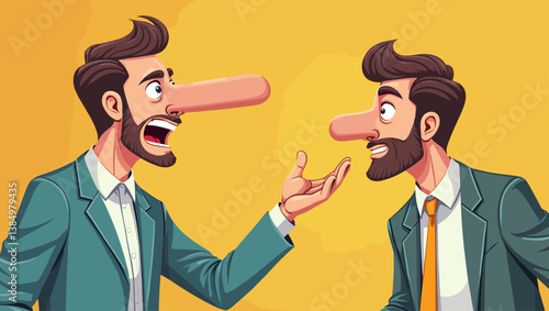 Exaggerated Tall Tales: Cartoon Liar with Expanding Nose Convincing Naive Man - Concept of Deception, Fraud, and Misinformation in Business and Relationships