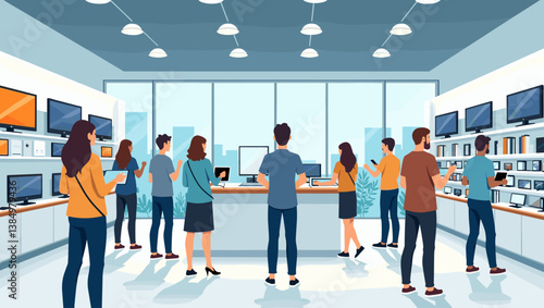 Captivating Electronics Store Scene: Shoppers Exploring Smart Devices, Tablets, and TVs in a Modern Retail Environment. Perfect for advertising, and technology themes!