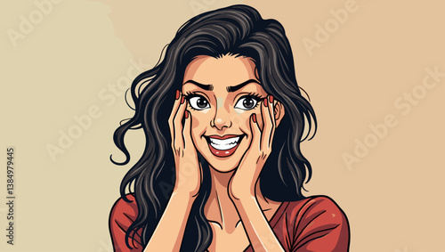 Mischievous Brunette: Expressive Vector Portrait of a Young Woman with a Sly Grin and Dark Hair, Perfect for Dark Humor or Secretive Characters in Modern Pop Art Style