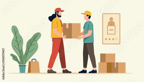 Modern Parcel Delivery Illustration: Courier Handing Box to Customer for Online Shopping. Vector Design for E-commerce, Logistics, and Contactless Delivery Services with App Tracking