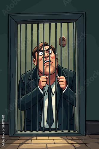 Cartoon Businessman Trapped in Jail Cell: Corruption and Consequences Concept. Desperate man behind bars, seeking freedom. Vector illustration for crime, justice, and morality themes