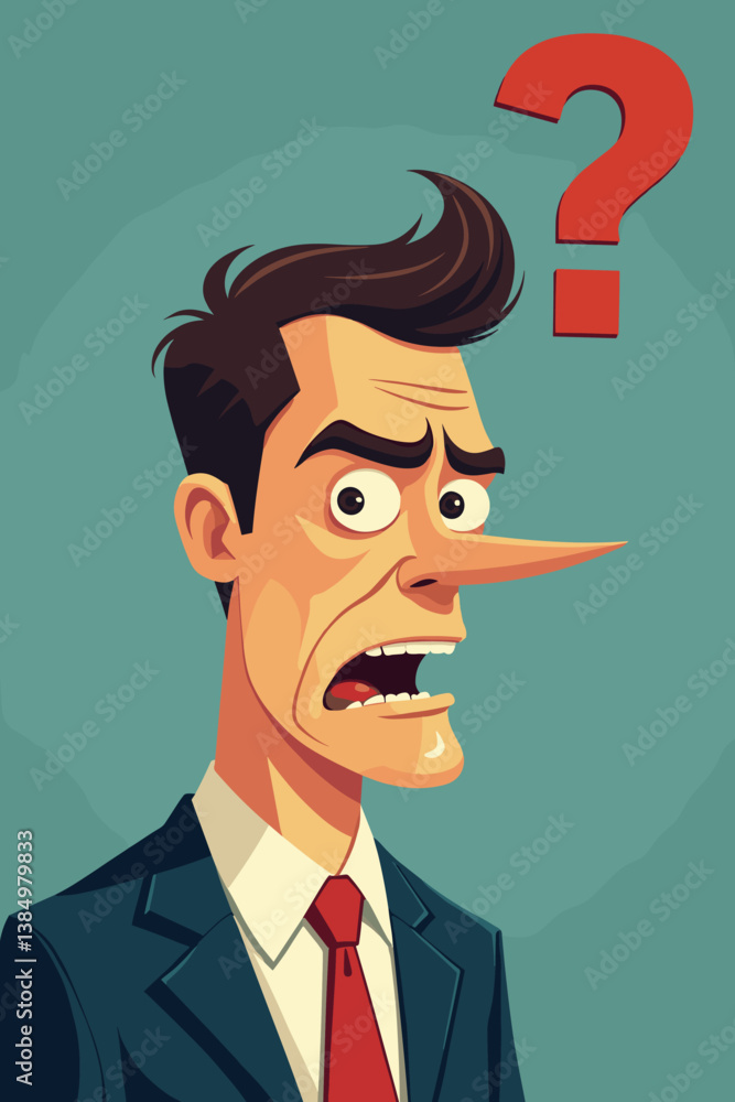 Obraz premium Lying Businessman Cartoon Character with Growing Nose and Question Mark, Concept of Deception, Dishonesty, Skepticism, Doubt, Fraud, and Lack of Transparency in Business