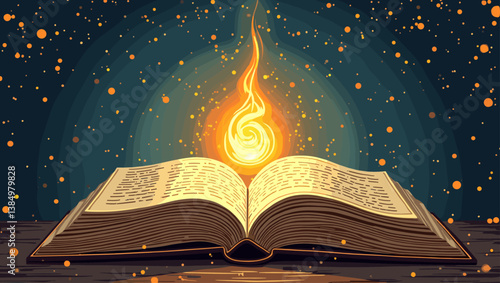 Open Book with Mystical Flame, Vector Illustration. Uncover Ancient Secrets, Storytelling, Wisdom, Education, Library Resource, Spiritual Enlightenment. Editorial Use.