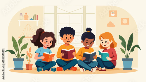 Diverse Kids Reading Books Together Illustration. Happy Children Enjoying Story Time, Education, Learning, and Friendship. Flat Vector Graphic Ideal for Back to School Projects.