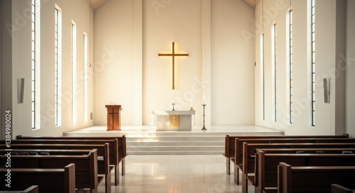 Empty church interior with pews, cross, and altar in bright, modern design