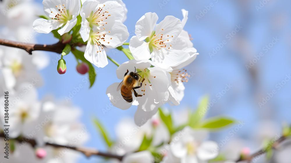 Fototapeta premium Spring, cherry blossom with honeybee Generative AI