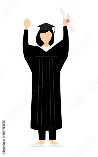 Simple illustration of an asian female graduates in graduation gowns and square caps gut-punching with a diploma