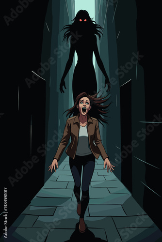 Terrified Woman Screaming & Running from Creepy Shadow Figure with Glowing Red Eyes in Gloomy Alleyway - Horror Illustration for Halloween, Thriller, & Mystery Themes