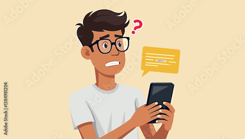 Myopic Millennial Struggles to Read Tiny Text on Phone - Eye Strain, Health Problems, Low Vision Concept Graphic - Communication Technology Frustration Illustration
