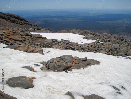 Ice covered hills of Mt Ruapehu summit track. North Island. New Zealand.