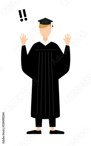 Simple illustration of a white male graduates in graduation gowns and square caps raising his hand in surprise