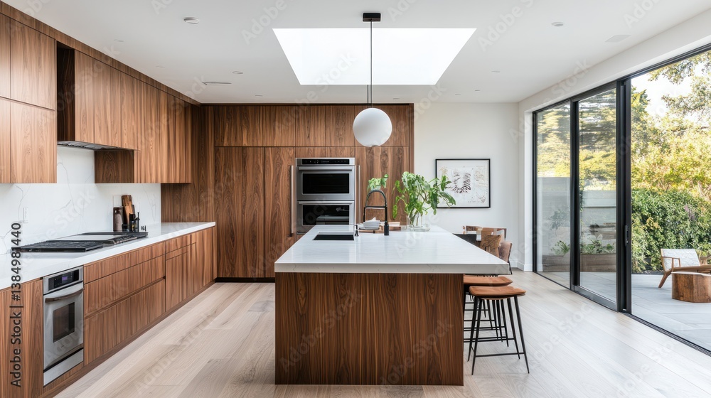 Fototapeta premium Modern Kitchen with Island and Patio View