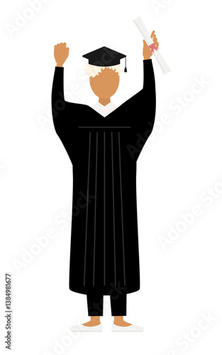 Simple illustration of a black female graduates in graduation gowns and square caps gut-punching with a diploma