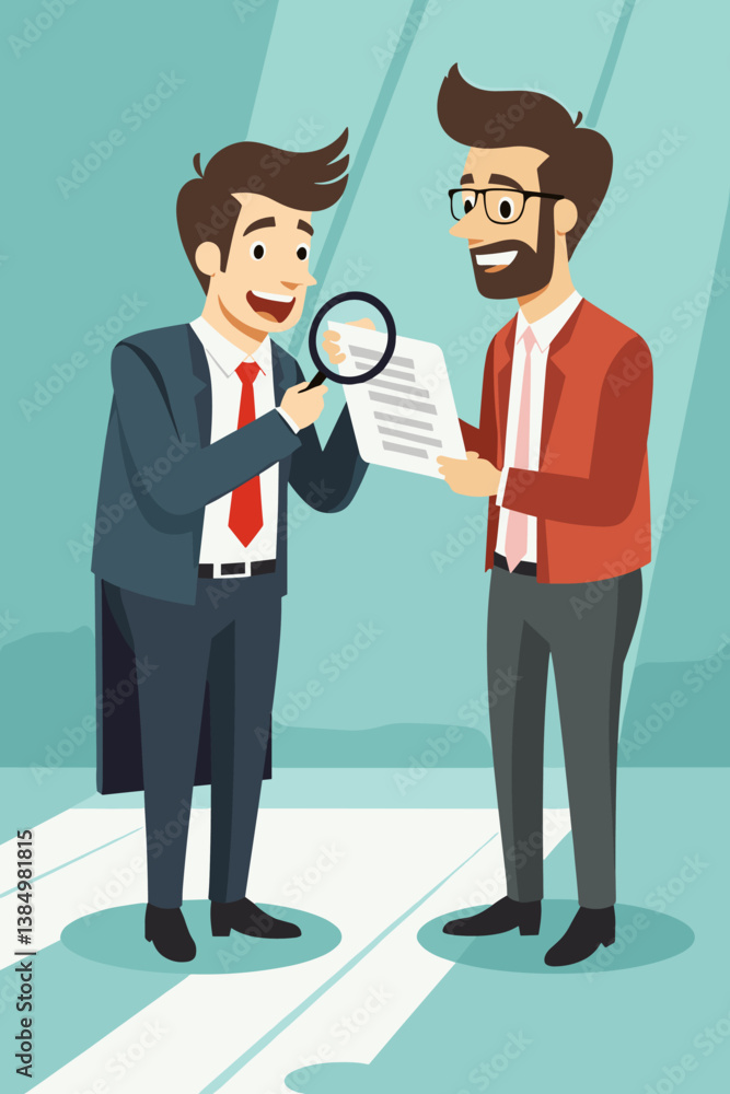 Careful HR Manager Scrutinizing Resume with Magnifying Glass: Vector Illustration of Job Interview, Candidate Review Process, Employee Selection, and Hiring Practices.