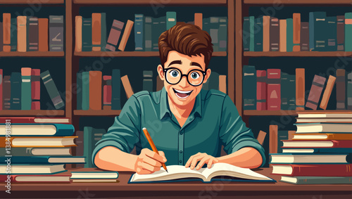 Enthusiastic Student Studying in Library, Writing Notes, Surrounded by Books - Vector Graphic for Education, Knowledge, and Intellectual Pursuits. Academic Success
