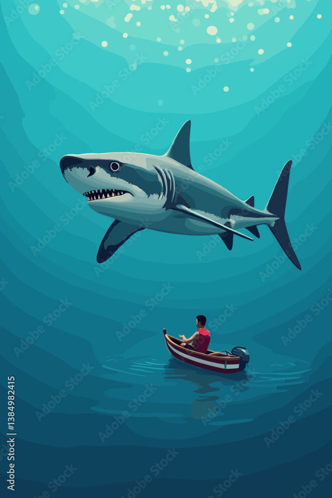 Great White Shark Lurking Below Man in Rowboat, Ocean Depths Illustration. Explore Underwater Danger, Vector Graphic for Thriller, Adventure, or Marine Life Projects Great White Shark Lurking Below Man in Rowboat, Ocean Depths Illustration. Explore Underwater Danger, Vector Graphic for Thriller, Adventure, or Marine Life Projects