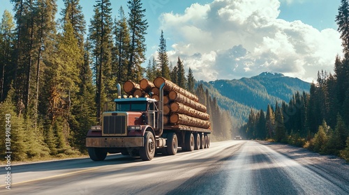 Logging truck transporting wood in beautiful mountainous landscape