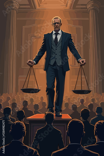 Justice & Integrity: Powerful Judge Stands Tall, Scales of Justice Balancing Above Courtroom Crowd. Symbol of Fairness, Ethics in Law, Government Authority & Legal System.